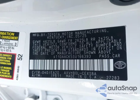 2025 Toyota Camry Se from USA, damaged, VIN 4T1DAACK5SU166393